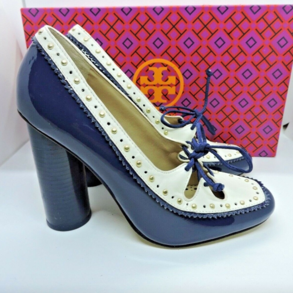 Tory Burch Navy and Cream Leather Studded Lace-Up Pumps